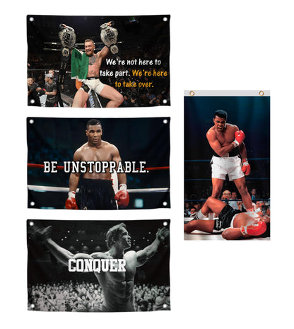 Set 4X Motiv Sports and Quote Polyester Flags 3x5 Ft with 4 and 2 Grommets - Muhammad Motivational Workout Single Sided Banner - Inspire Your Workout with this Banner - Boxing Inspirational Gym Flags