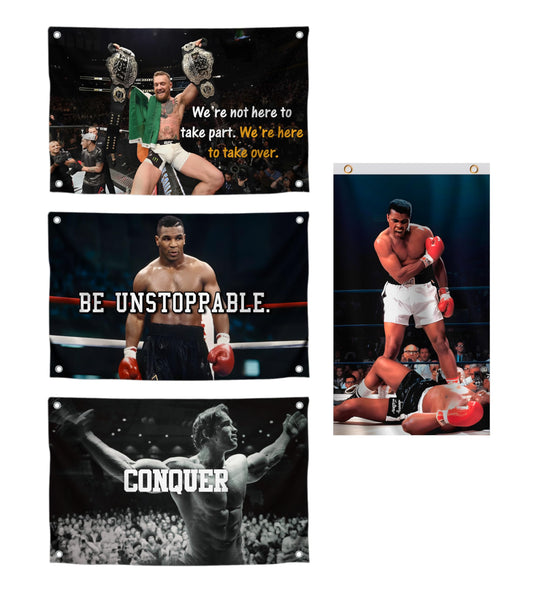 Set 4X Motiv Sports and Quote Polyester Flags 3x5 Ft with 4 and 2 Grommets - Muhammad Motivational Workout Single Sided Banner - Inspire Your Workout with this Banner - Boxing Inspirational Gym Flags