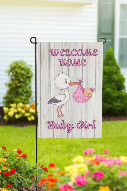 12x18 Inches Double Sided Welcome Home Baby Girl Garden Polyester Flags - Baby Shower Birth Announcement Family Party - Newborn Gender Reveal Pink Stork - Outdoor Decor Banner - Gender Reveal Party
