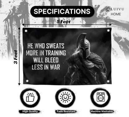 3x5 Ft Motivational Polyester Flag He Who Sweats More In Training Will Bleed Less In War with 4 Grommets - Improvement Wall Decor for Home or Gym - Wall Single Sided Flag with Spartan Image and Quote