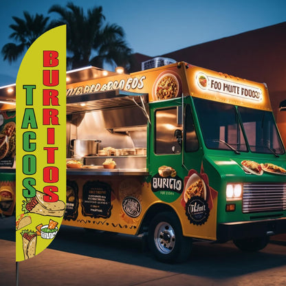 12x2.5 Feet Tall Feather Flags "Tacos and Burritos" - Outdoor Business Advertising Tall Flag - Single Sided Feathers Banners Food Themed - Feather Flags in Polyester - Flagpole is Not Included