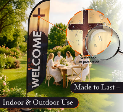 12x2.5 Feet Tall Feather Flags "Welcome" - Single Sided Feathers Banners Church Themed - Tall Advertising Flag for Outdoor Garden - Religious Feather Flags with Polyester - Flagpole is Not Included