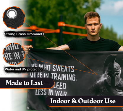 3x5 Ft Motivational Polyester Flag He Who Sweats More In Training Will Bleed Less In War with 4 Grommets - Improvement Wall Decor for Home or Gym - Wall Single Sided Flag with Spartan Image and Quote