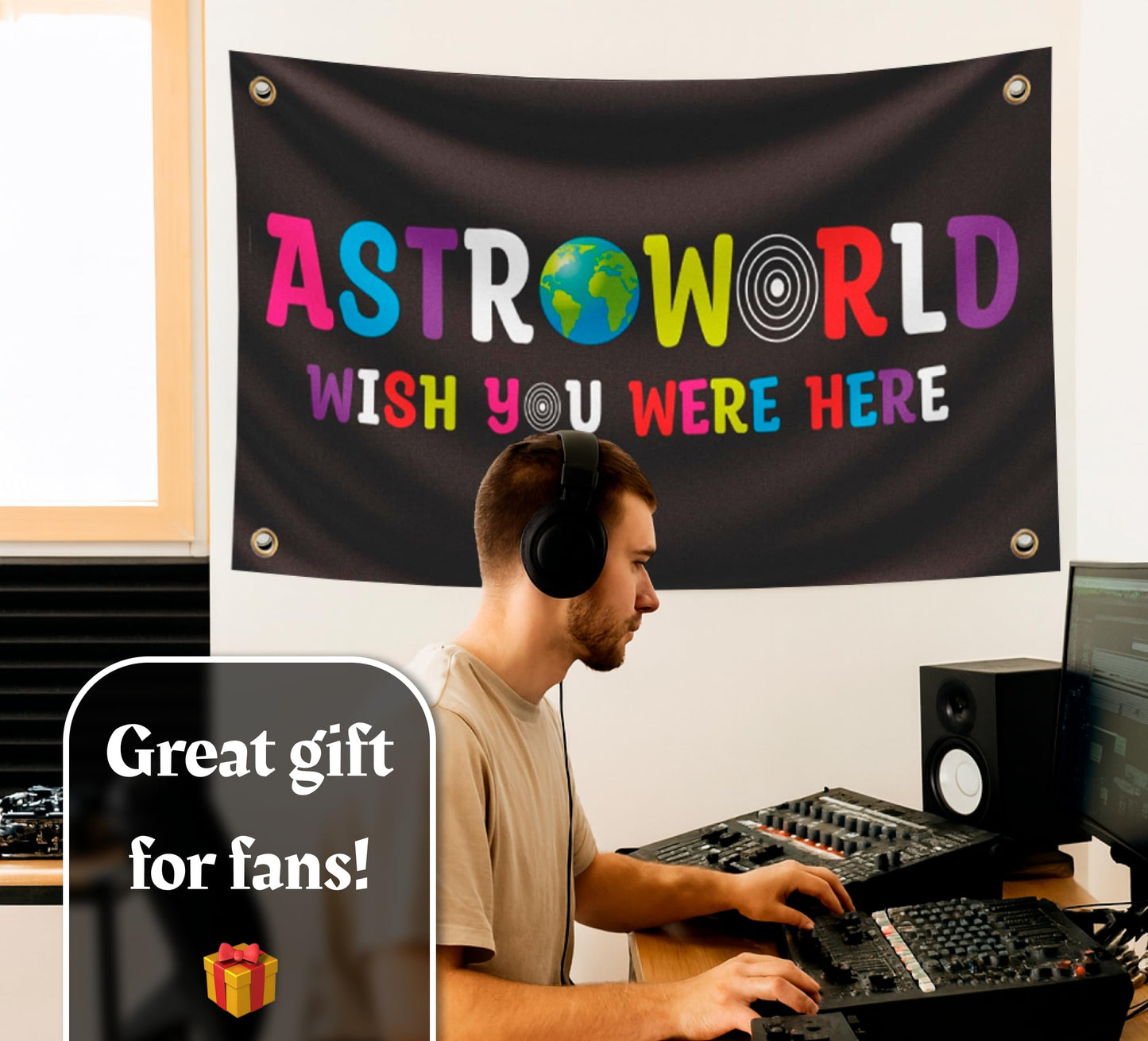 3x5 Ft Astroworld Polyester Flag Black - Man Cave Wall Single Sided Flag with 4 Grommets for College Dorm Room Decor - Wish You Were Here Tapestry - Wall Hanging Black Home Decorations for Bedroom