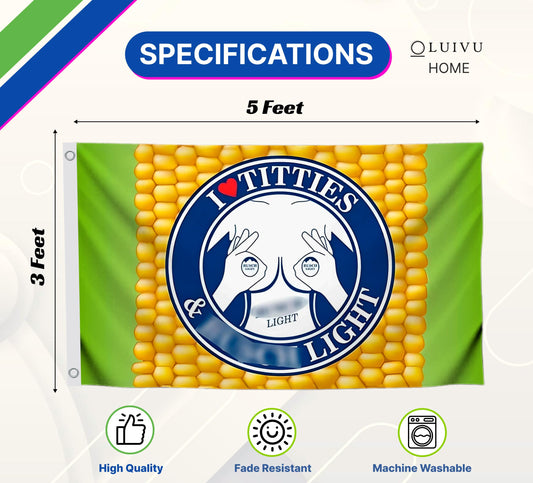 3x5 Ft I Love Titties & Polyester Light Single Sided Flag with 2 Grommets - Man Cave Corn Beer Flags - LGBT Titties Flag - Funny Tapestry Cool Wall Flags for Decor College Dorm Room Guys or Outdoor