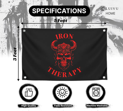 3x5 Feet Large Wall Flag With Quote "Iron Therapy" with Four Brass Grommets - Skull Gym Tapestry or Home Gym Decor - Inspirational Home Leadership Quotes - Wall Flag for Indoor and Outdoor