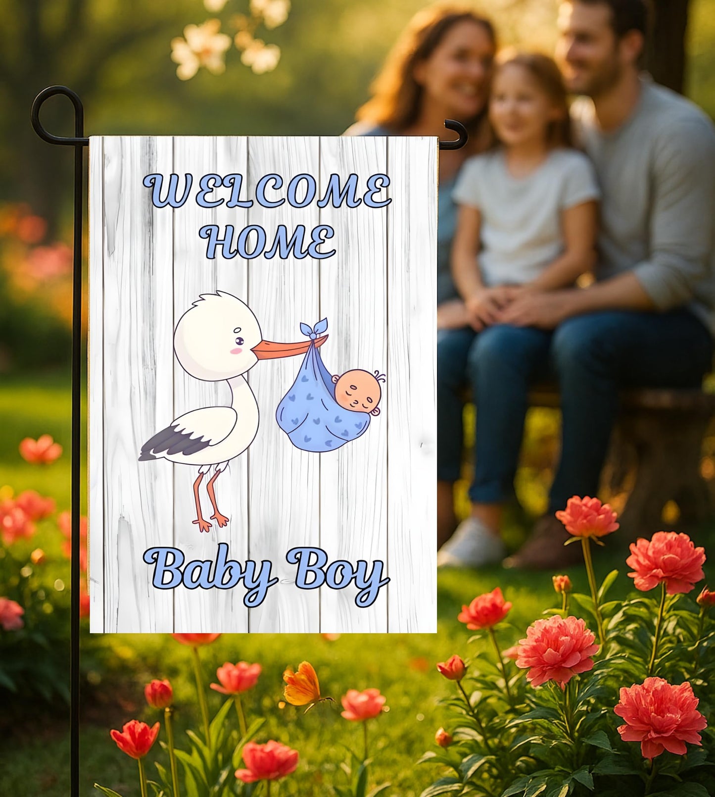 12x18 Inches Double Sided Welcome Home Baby Boy Garden Polyester Flags - Baby Shower Birth Announcement Family Party - Outdoor Decor Banner - Gender Reveal Party - Newborn Gender Reveal Pink Stork