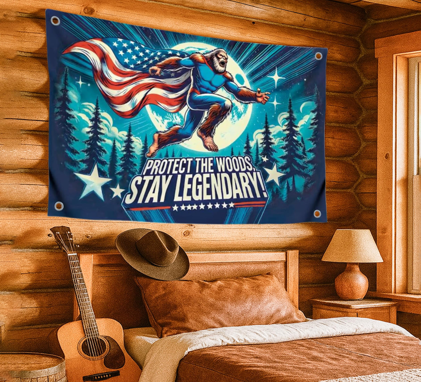 3x5 Ft Single Sided Polyester Banner with Quote “Protect the Woods, Stay Legendary” - Cool Tapestry with Four Brass Grommets - Wall Flag for Dorm Boys Yard or Camping Decor - Funny Bigfoot Meme Flag