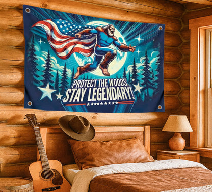 3x5 Ft Single Sided Polyester Banner with Quote “Protect the Woods, Stay Legendary” - Cool Tapestry with Four Brass Grommets - Wall Flag for Dorm Boys Yard or Camping Decor - Funny Bigfoot Meme Flag