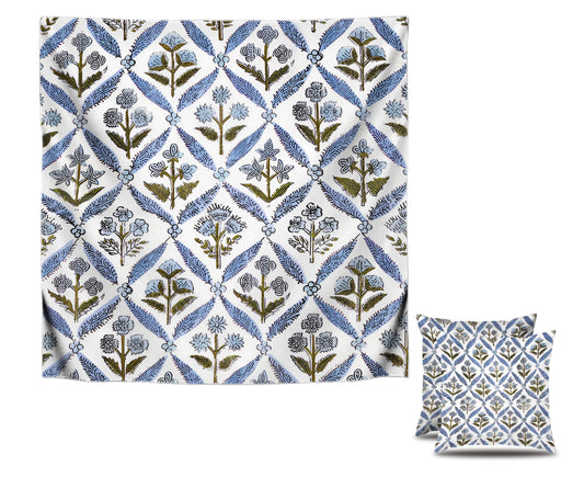 Set of 2 Decorative Throw Spring Pillow Covers 20x20 Inches - Light Steel Blue Block Print Throw Pillow Covers in Linen - Decorative Couch Pillows for Living Room - Chic Boho Cute Pillows Covers