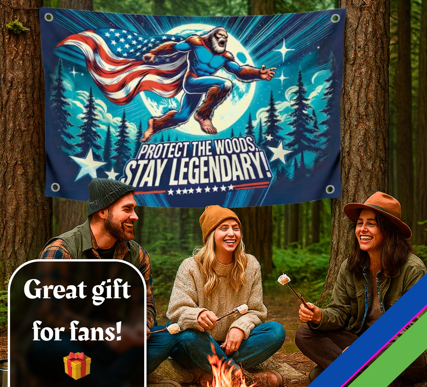 3x5 Ft Single Sided Polyester Banner with Quote “Protect the Woods, Stay Legendary” - Cool Tapestry with Four Brass Grommets - Wall Flag for Dorm Boys Yard or Camping Decor - Funny Bigfoot Meme Flag