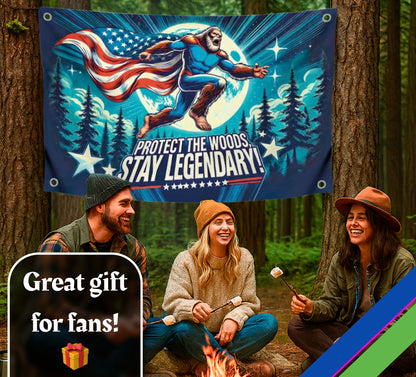3x5 Ft Single Sided Polyester Banner with Quote “Protect the Woods, Stay Legendary” - Cool Tapestry with Four Brass Grommets - Wall Flag for Dorm Boys Yard or Camping Decor - Funny Bigfoot Meme Flag