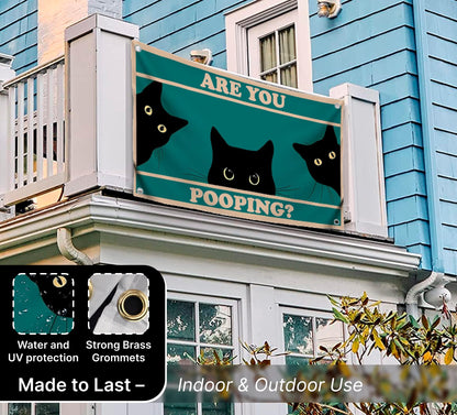 3x5 Feet Black Cats Funny Single Sided Flag "Are You Pooping" with Four Brass Grommets - Funny Black Cat Meme Wall Decorations for Badroom - Polyester Cool Ridiculous Cats Outdoor or Indoor Flag