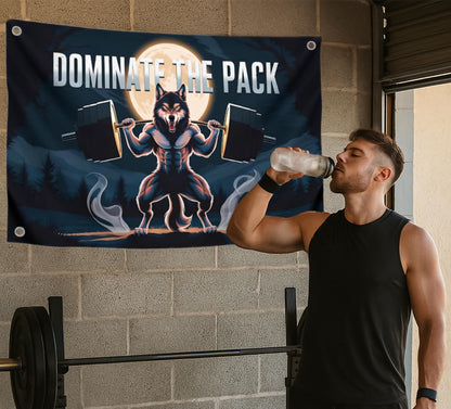 3x5 Feet Motivation Wolf Flag "Dominate The Pack" with Four Brass Grommets - Inspirational Banner with Cool Motivation - Motivational Gym Banner for Wall Decoration - Polyester Decor for Gym