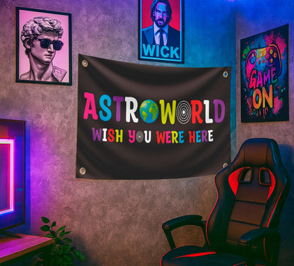 3x5 Ft Astroworld Polyester Flag Black - Man Cave Wall Single Sided Flag with 4 Grommets for College Dorm Room Decor - Wish You Were Here Tapestry - Wall Hanging Black Home Decorations for Bedroom
