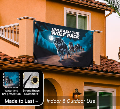 3x5 Feet Meme Wolf Pack Flag with Motivation Quote "Unleash the Wolf Pack" with Four Brass Grommets - Single Sided Great Flag for College or House - Polyester Cool Tapestry Flags for Room Guys