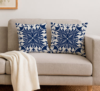Set of 2 Decorative Throw Pillow Covers 18x18 Inches - Navy Blue Boho Pillow Covers - Bohemian Ethnic Carpet Pattern Design - Decorative Throw Pillows in Linen Blue Print Farmhouse