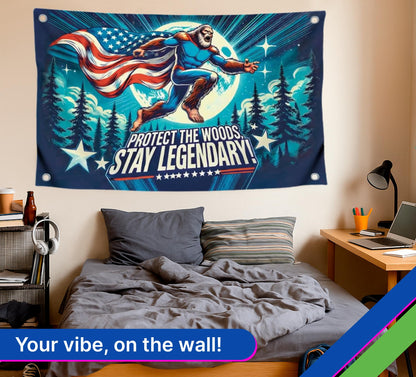 3x5 Ft Single Sided Polyester Banner with Quote “Protect the Woods, Stay Legendary” - Cool Tapestry with Four Brass Grommets - Wall Flag for Dorm Boys Yard or Camping Decor - Funny Bigfoot Meme Flag