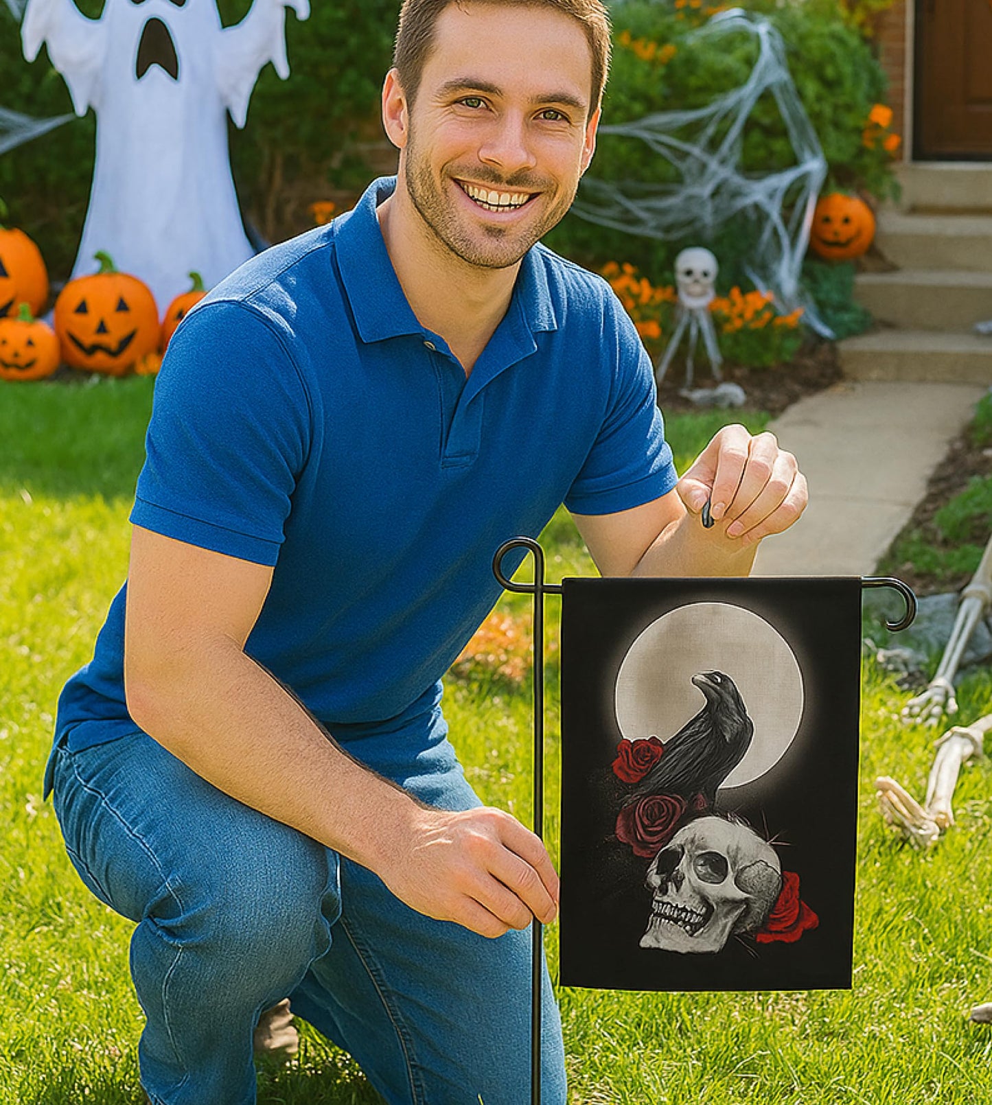 12x18 Inches Skull Triple Moon Polyester Flag - Double Sided Rose Galaxy Halloween Crow Wicca Garden - Welcome Party Outdoor Outside Decorations - Picks Home House Garden Yard Gothic Decor