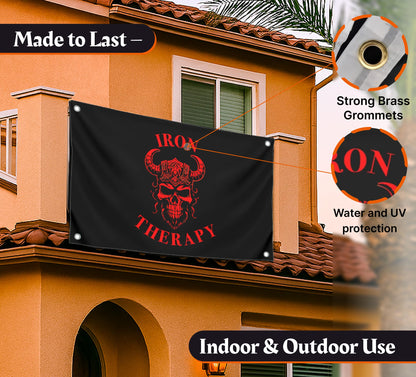 3x5 Feet Large Wall Flag With Quote "Iron Therapy" with Four Brass Grommets - Skull Gym Tapestry or Home Gym Decor - Inspirational Home Leadership Quotes - Wall Flag for Indoor and Outdoor