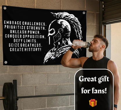 3x5 Ft Embrace Challenges Single Sided Banner with 4 Grommets - Large Motiv Quote Wall Polyester Flag for Home Gym Decor - Wall Flag with Gladiator Image and Quote - Banner Room Decor Aesthetic