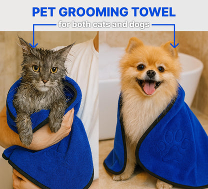 34 x 10.50 inches Blue Dog Towel for Drying - Perfect Dogs Shower Supplies - Soft and Quick Drying Pet Grooming Towel - Animals Grooming Bath with Comfortable Hand Pockets and Absorbent Microfibers