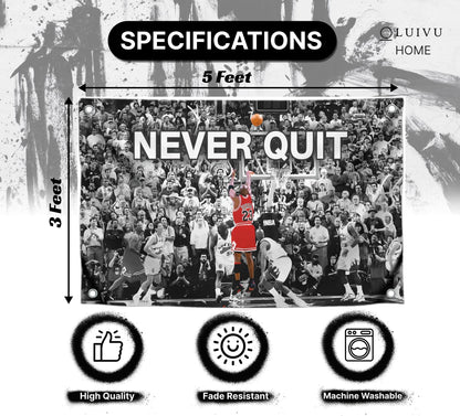 3x5 Feet Never Quit Polyester Flag with Four Brass Grommets - Inspirational Workout Fitness Home Gym Wall Decor - Cool Gym Motivation Basketball Single Sided Poster - Motivational Wall Art Decorations