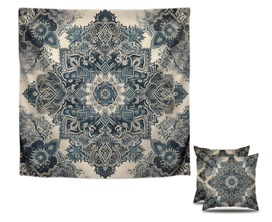 Set of 2 Decorative Throw Pillow Covers 20x20 Inches - Ethnic Design Decorative Throw Pillows in Linen - Blue Carpet Farmhouse Cushion Pillow Covers for Sofa or Couch - Decor Cushion Covers for Home