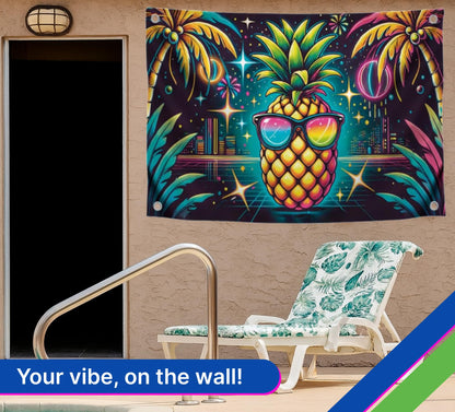 3x5 Feet Single Sided Flag with Four Brass Grommets - Neon Pineapple with Sunglasses - Tropical Night City Polyester Banner - Party Flag for Summer Vibes - Fun Poster for Beach Celebrations