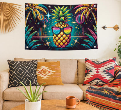 3x5 Feet Single Sided Flag with Four Brass Grommets - Neon Pineapple with Sunglasses - Tropical Night City Polyester Banner - Party Flag for Summer Vibes - Fun Poster for Beach Celebrations