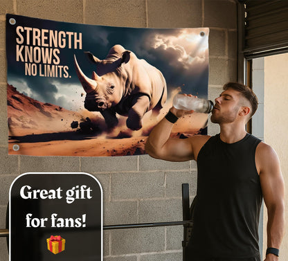 3x5 Feet Motivation Quote Polyester Flag "Strength Knows No Limit" with Four Brass Grommets - Rhinoceros Inspirational Banner for Men and Women - Motivational Gym Banner for Wall Decoration