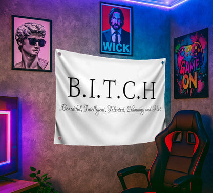 3x5 Ft Single Sided Tapestry B.I.T.C.H Polyester Flags with 4 Grommets - Banner on Beautiful Intelligent Talented Charming and Hot Wall Decor - Flags for Bedroom Girls or Tapestrie for College Dorm
