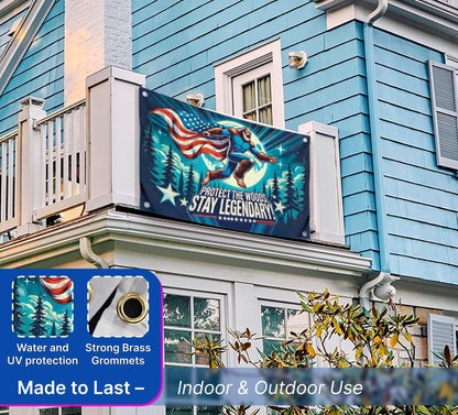 3x5 Ft Single Sided Polyester Banner with Quote “Protect the Woods, Stay Legendary” - Cool Tapestry with Four Brass Grommets - Wall Flag for Dorm Boys Yard or Camping Decor - Funny Bigfoot Meme Flag