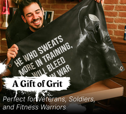 3x5 Ft Motivational Polyester Flag He Who Sweats More In Training Will Bleed Less In War with 4 Grommets - Improvement Wall Decor for Home or Gym - Wall Single Sided Flag with Spartan Image and Quote