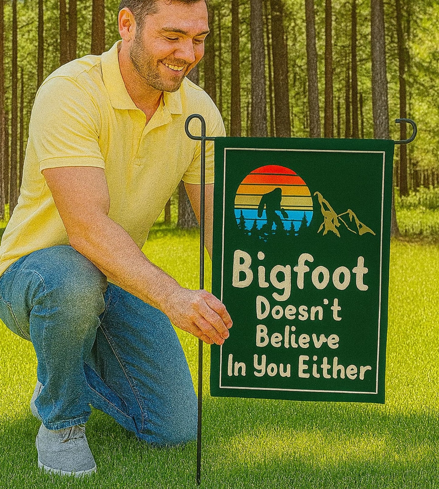 12x18 Inches Bigfoot Doesn't Believe In You Either Polyester Flags - Vertical Double Sided Camping Trailer RV Yard Decorations - Funny Camper Garden Flags - Seasonal Large Outside Yard Flags